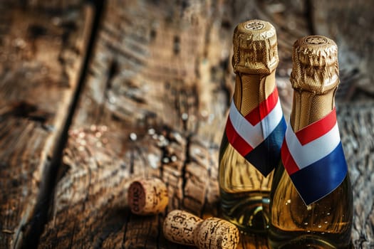 Two bottles of champagne with red, white, and blue labels sit on a rustic wooden surface, hinting at a celebratory occasion in France.