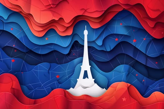 A digital illustration of the Eiffel Tower, created in a papercut style. The background is layered with blue, red, and white, representing the French flag, with small stars scattered throughout.