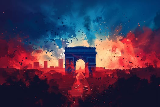 A digital illustration of the Arc De Triomphe in Paris, France at sunset. The Eiffel Tower is visible in the distance through the arch.