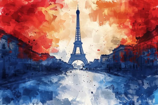 An artistic digital illustration of the Eiffel Tower in Paris, France, with abstract designs and colors reminiscent of the French flag.