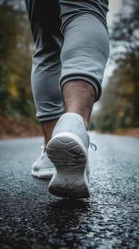 A close-up of a persons legs wearing white sneakers, taking a step on a damp road surrounded by trees, suggesting an early jog after rain - Generative AI