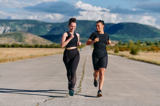 Two friends jog side by side on a sunny day, strengthening their bodies for life's extreme challenges, embodying the power of friendship and determination