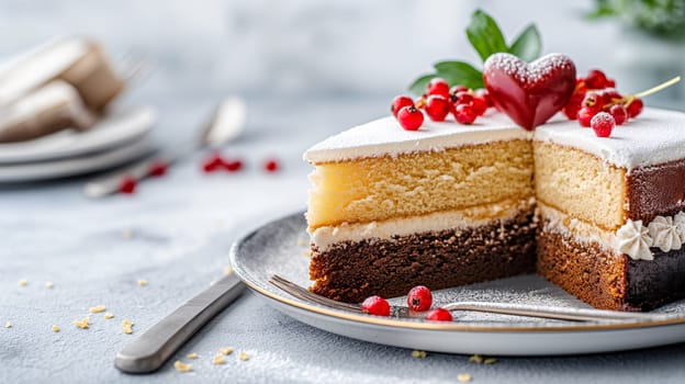 A slice of multi-layered cake with vanilla and chocolate sections, topped with powdered sugar, red currants, and a heart shaped decoration on the top, presented on a ceramic plate - Generative AI