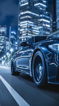 A gleaming sports car speeds along an urban street, its wheels in motion reflecting the vibrant city lights against the backdrop of towering skyscrapers - Generative AI