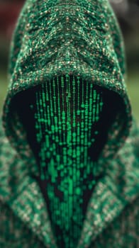 A person stands enveloped in a green hoodie, their face obscured by a LED mask displaying a digital green code - hacking concept - Generative AI