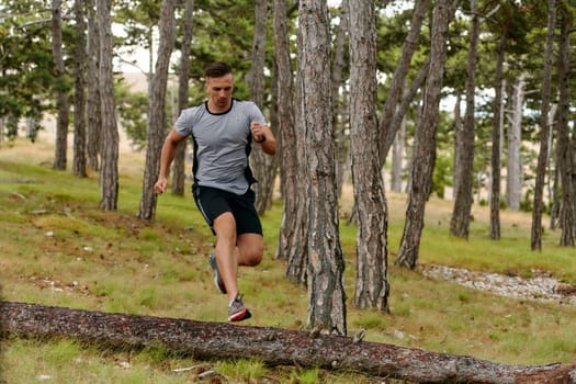 An unwavering man dashes through perilous forest paths, skillfully hurdling over wooden obstacles with determination and agility, epitomizing courage and athleticism