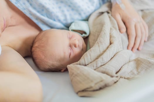 A baby lies with the mother after childbirth, resting peacefully. The serene moment captures the bond between mother and child as they begin their journey together. The hospital environment ensures a safe and comforting space for this intimate interaction.