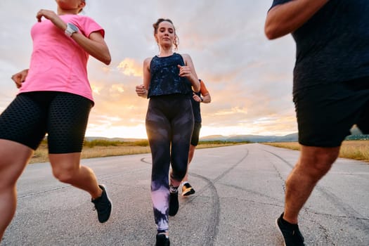 A professional athletic team as they train rigorously, running towards peak performance in preparation for an upcoming marathon.