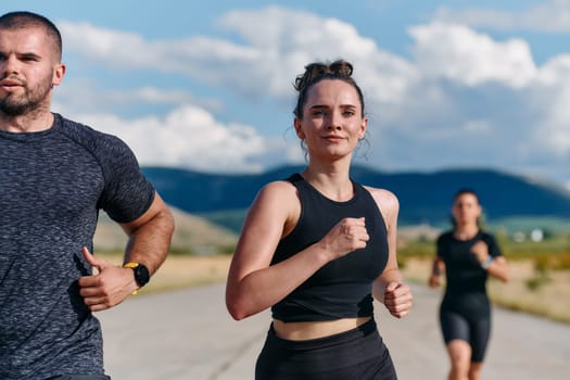 A professional athletic team as they train rigorously, running towards peak performance in preparation for an upcoming marathon.