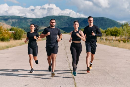 A professional athletic team as they train rigorously, running towards peak performance in preparation for an upcoming marathon.