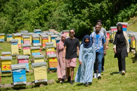 A diverse group of young friends and entrepreneurs explore small honey production businesses in the natural setting of the countryside