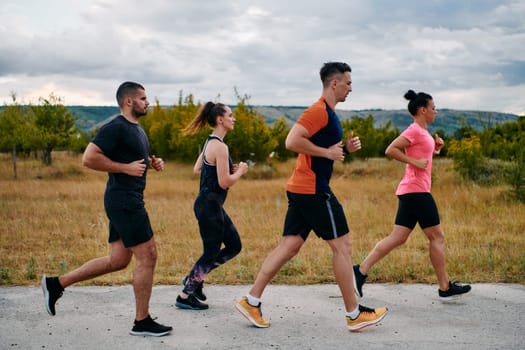 A professional athletic team as they train rigorously, running towards peak performance in preparation for an upcoming marathon.