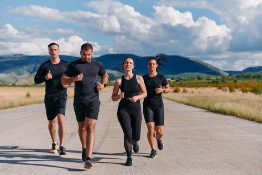 A professional athletic team as they train rigorously, running towards peak performance in preparation for an upcoming marathon.