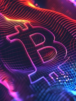 A close up of a glowing bitcoin symbol in electric blue on a magenta and red background with visual effect lighting, creating a neon pattern