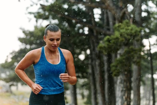 Rain or shine, a dedicated woman powers through her training run, her eyes set on the finish line.