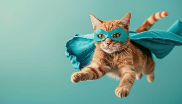 A cat wearing a blue superhero mask is flying through the air.