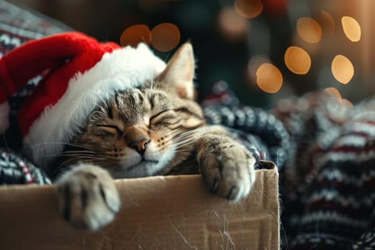 A cat wearing a Santa hat is looking out the window.