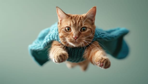 A cat wearing a blue superhero mask is flying through the air.