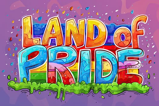 Land of pride is a colorful poster with a rainbow and the words land of pride written in a fun and creative way