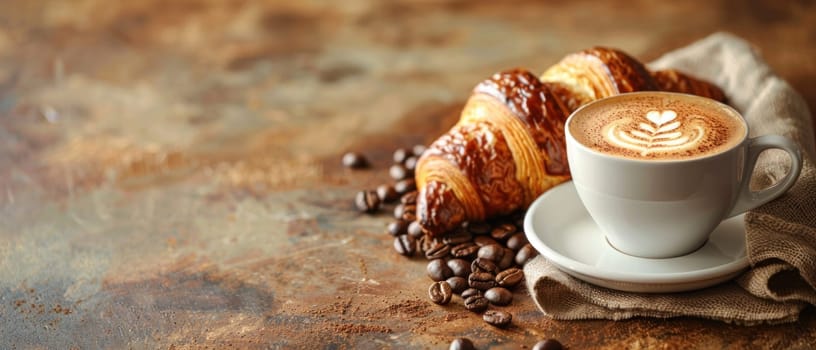 Steaming Cup of Coffee with Frothy Latte Art Beside a Freshly Baked Croissant Concept Showcasing Morning Delight.