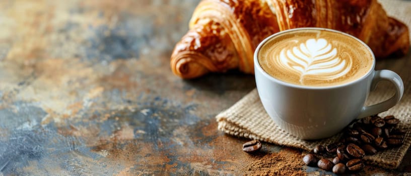 Steaming Cup of Coffee with Frothy Latte Art Beside a Freshly Baked Croissant Concept Showcasing Morning Delight.