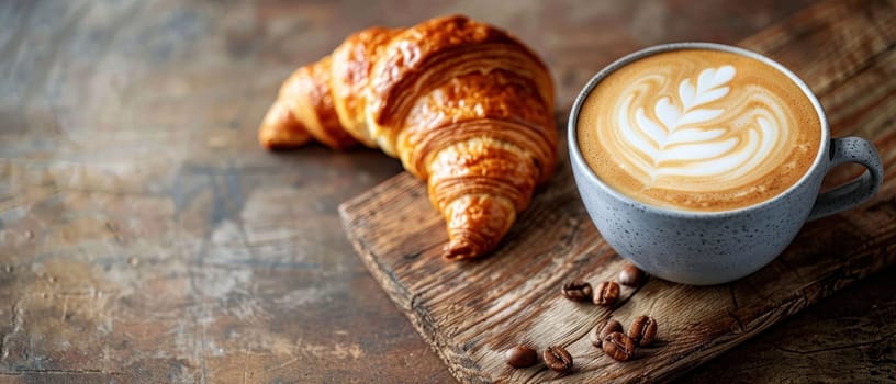 Steaming Cup of Coffee with Frothy Latte Art Beside a Freshly Baked Croissant Concept Showcasing Morning Delight.