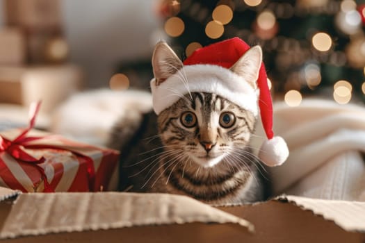 A cat wearing a Santa hat is looking out the window.