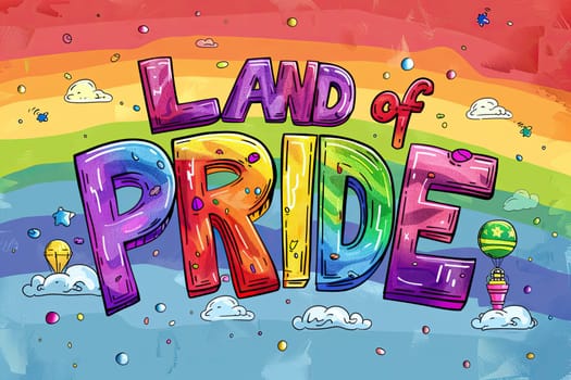 Land of pride is a colorful poster with a rainbow.