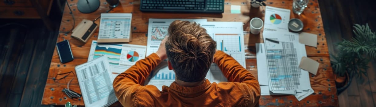 A man is sitting at a desk with a lot of papers and graphs.