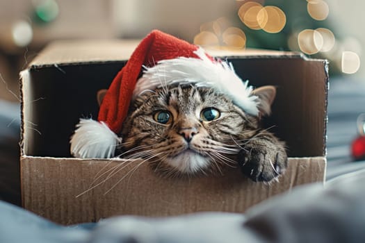 A cat wearing a Santa hat is looking out the window.