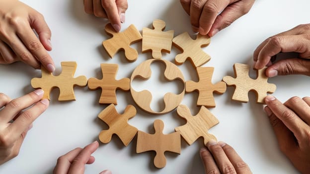 A group of people are holding wooden puzzle pieces together in a circle. Concept of teamwork and collaboration, as the group works together to solve the puzzle