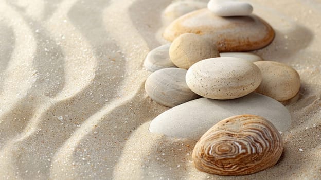 A row of white and brown rocks on a sandy beach. The rocks are arranged in a way that they look like they are part of a larger structure. Concept of calm and serenity