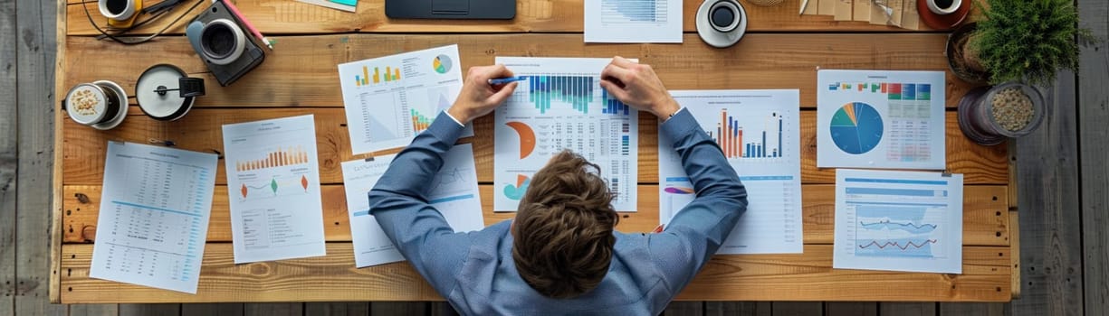 A man is sitting at a desk with a lot of papers and graphs. He is working on a project and seems to be focused on the task at hand. The room has a cozy and comfortable atmosphere, with a potted plant