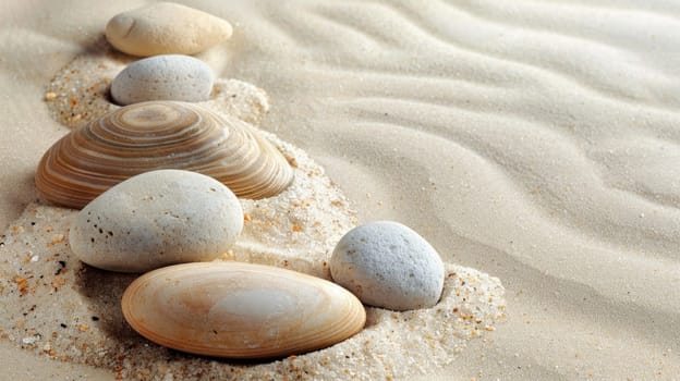 A row of white and brown rocks on a sandy beach.