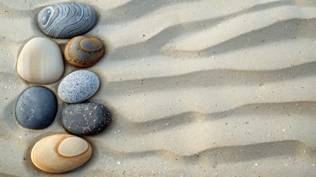 A row of white and brown rocks on a sandy beach.