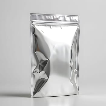 A silver aluminum bag with a zipper, placed on a white surface. This rectangle fashion accessory can hold liquid or drinkware, making it perfect for events or as body jewelry gesture