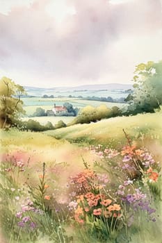 Fine art watercolour painting of the English countryside landscape with flowers, romantic nature evoking a sense of tranquility and natural beauty, printable art design idea