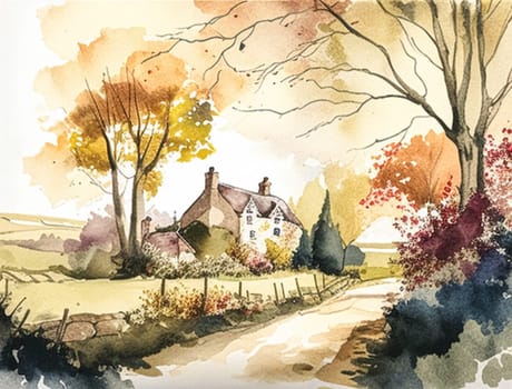 Fine art watercolour painting of the English countryside landscape, romantic nature evoking a sense of tranquility and natural beauty, printable art design idea