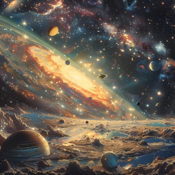 An astronomical painting of a galaxy with planets and stars, showcasing a stunning blend of light and color in the sky. Science meets art in this otherworldly world