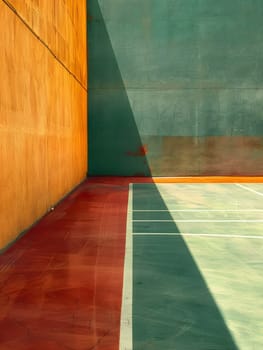 A rectangular tennis court with a wooden wall casting a shadow on the orangetinted floor. The flooring is made of wood stain, creating a warm and inviting atmosphere