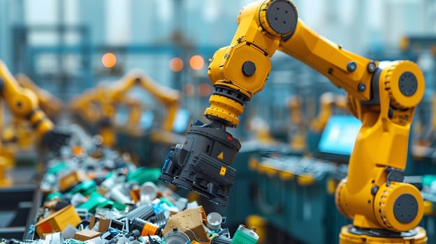 A group of electric blue robots are busy working in a plastic toy factory. The machines are engineering collectable Lego pieces at a closeup event