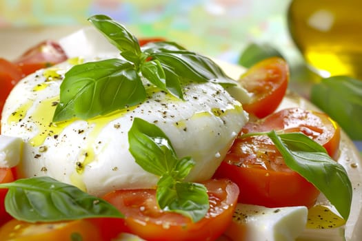 Burrata cheese on the surface of a colorful tomato salad with basil leaves and olive oil. Healthy food. AI generated.
