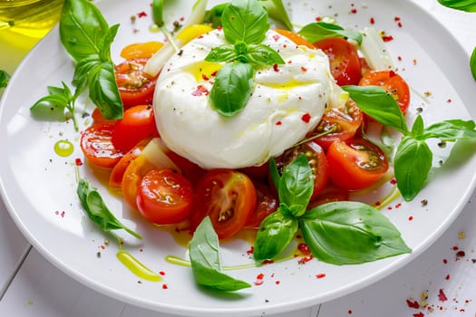 Burrata cheese on the surface of a colorful tomato salad with basil leaves and olive oil. Healthy food. AI generated.