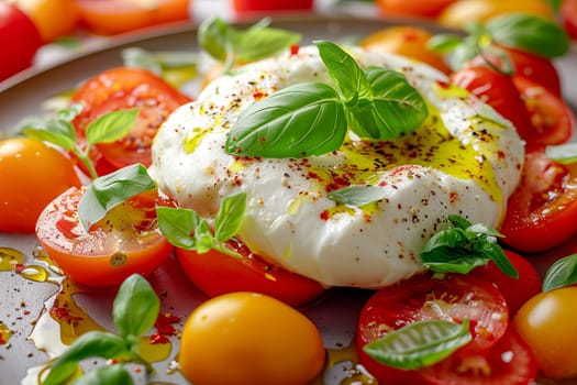 Burrata cheese on the surface of a colorful tomato salad with basil leaves and olive oil. Healthy food. AI generated.