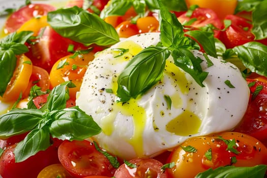 Burrata cheese on the surface of a colorful tomato salad with basil leaves and olive oil. Healthy food. AI generated.