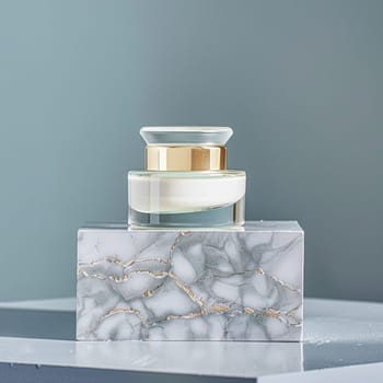 Cosmetic cream in a glass jar on a blue backdrop. Skin care concept. Background for beauty products