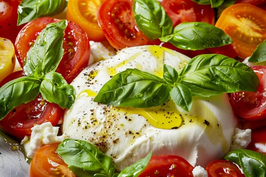 Burrata cheese on the surface of a colorful tomato salad with basil leaves and olive oil. Healthy food. AI generated.