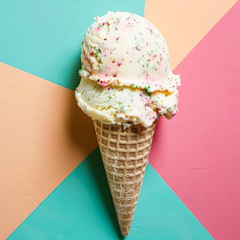 Scoops of ice cream in a waffle cone on a colorful background