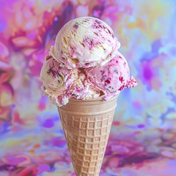 Scoops of ice cream in a waffle cone on a colorful background