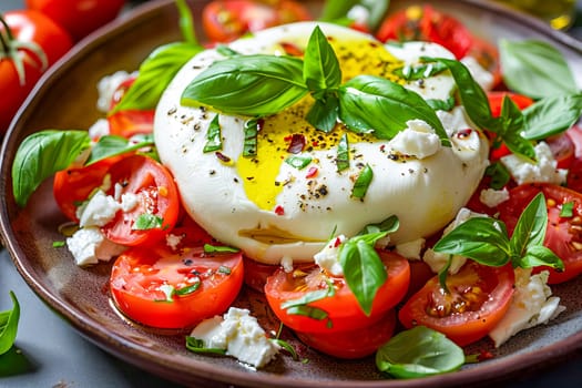 Burrata cheese on the surface of a colorful tomato salad with basil leaves and olive oil. Healthy food. AI generated.